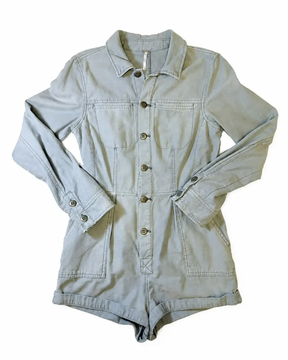 Free People Womens XS Gray Utility Romper Long Sleeve Button Front Pockets